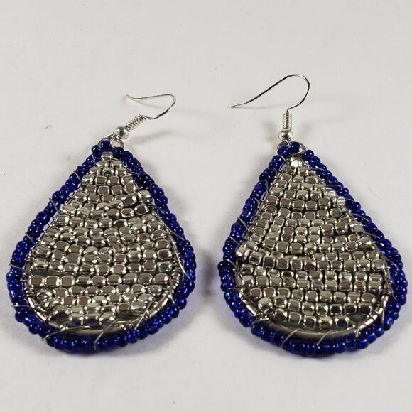 Silver tone Criss-Crossed Wired Hoop - Blue & Silver Beads Teardrop Earrings - Picture 1 of 3
